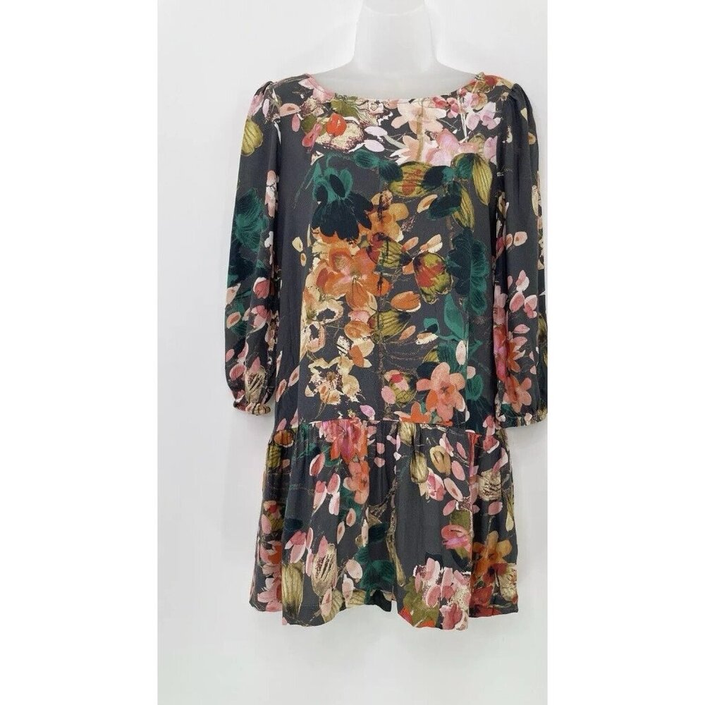Meadow Rue Black Floral Drop-Waist Dress with Pink, Green & Orange Accents
